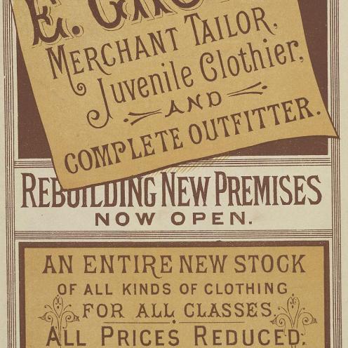 Advertisement: New premises at Lambeth of E. Grove, tailor, clothier and complete outfitter, 1884. © The British Library Board
